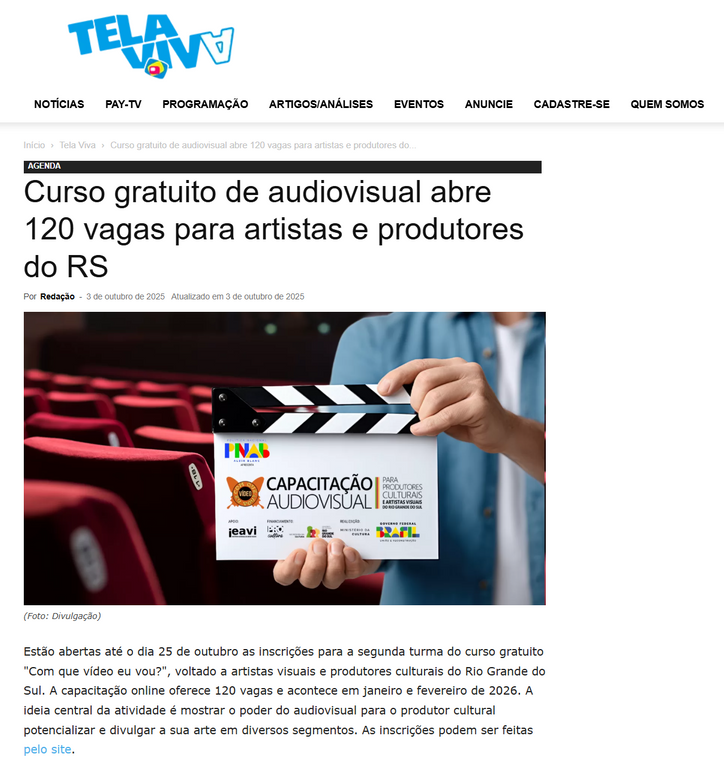 Publicação da Tela Viva News sobre a CQV